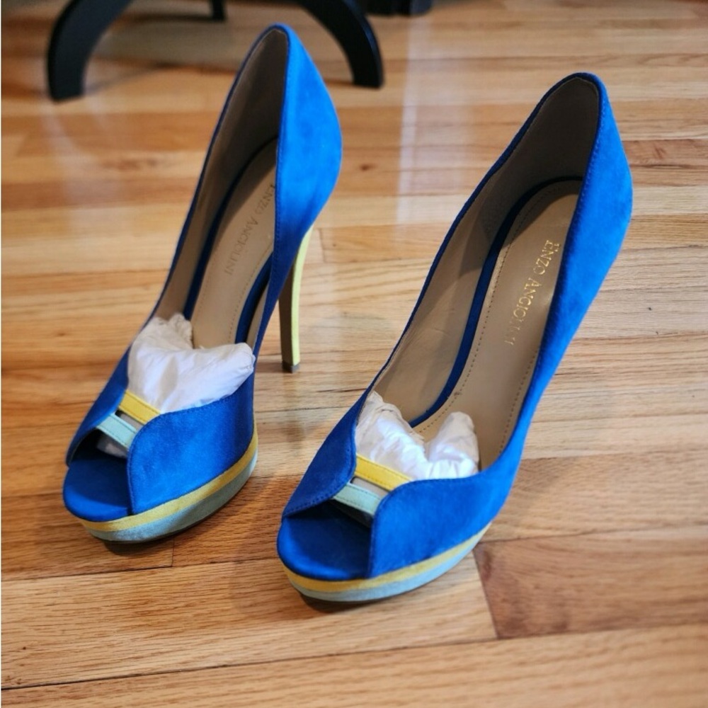 Blue suede Enzo pumps platform peep toe.